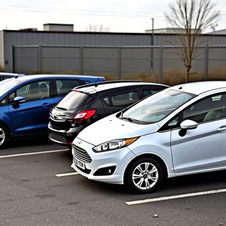 A high-quality stock image of a Ford Fiesta parked next to other subcompact cars, symbolizing comparison in repair costs and reliability.