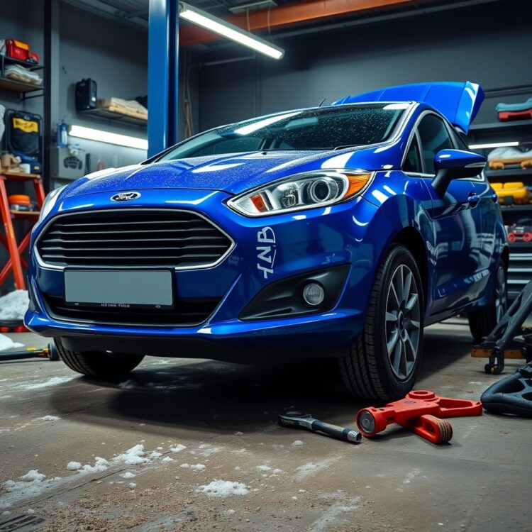 A professional stock photo of a Ford Fiesta undergoing seasonal maintenance, with tools and winter preparation items visible in the background.