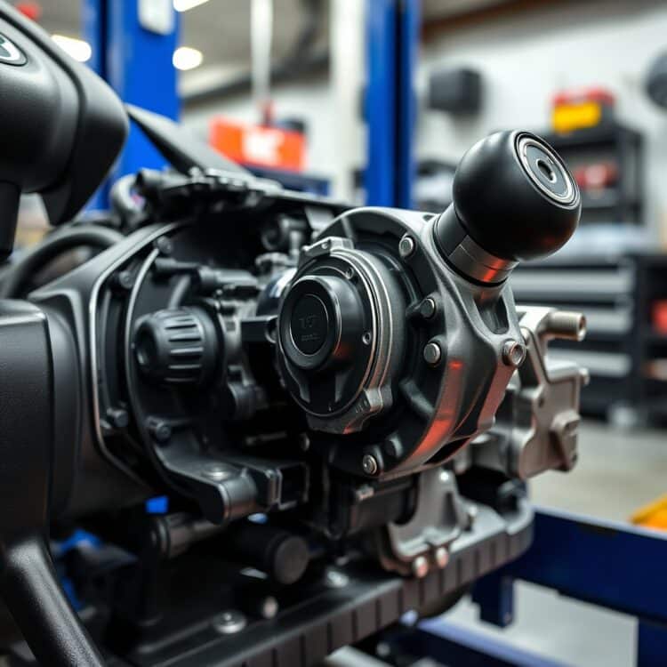 A detailed close-up of a Ford Fiesta's PowerShift transmission system, showcasing its components and design, set in a professional automotive workshop environment.