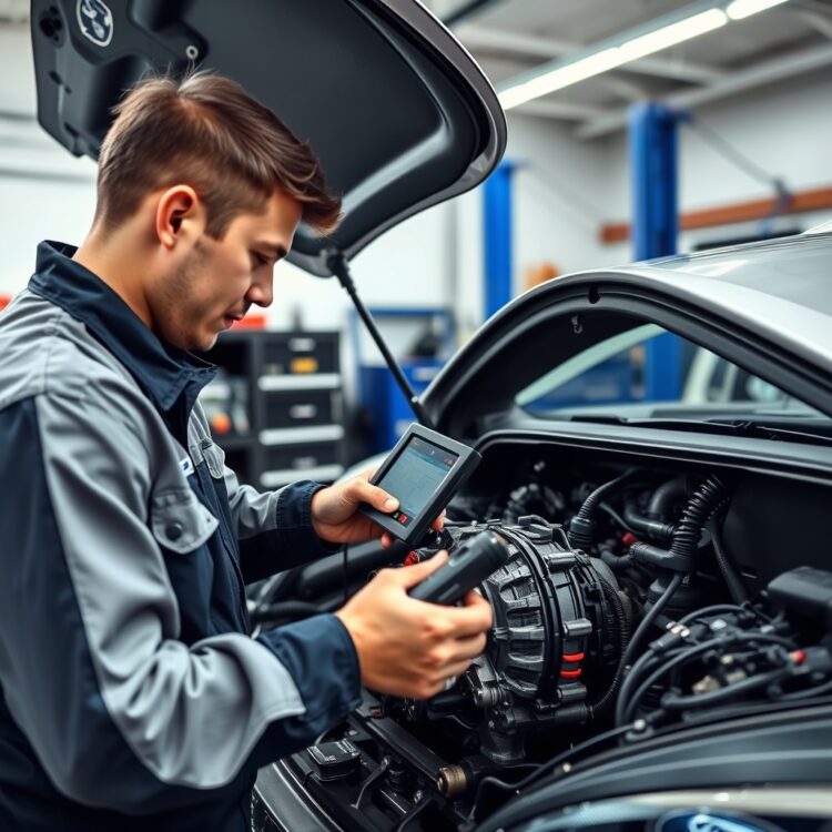 A professional mechanic inspecting a Ford Fiesta's transmission system with diagnostic tools in a well-equipped garage, highlighting the process of identifying transmission issues.