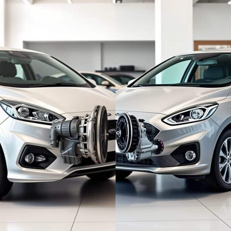 A side-by-side comparison of transmission systems from different compact car models, including the Ford Fiesta, in a clean, modern automotive showroom setting.