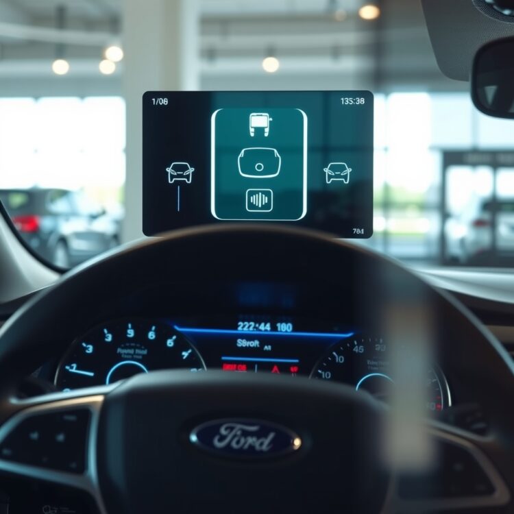 A detailed close-up of a Ford car's dashboard highlighting advanced safety features and driver assistance systems in a well-lit showroom environment.