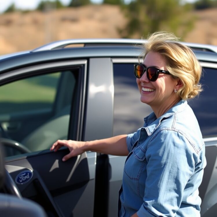 A happy Ford car owner sharing their positive experience with their vehicle, captured in a candid moment at a scenic outdoor location.