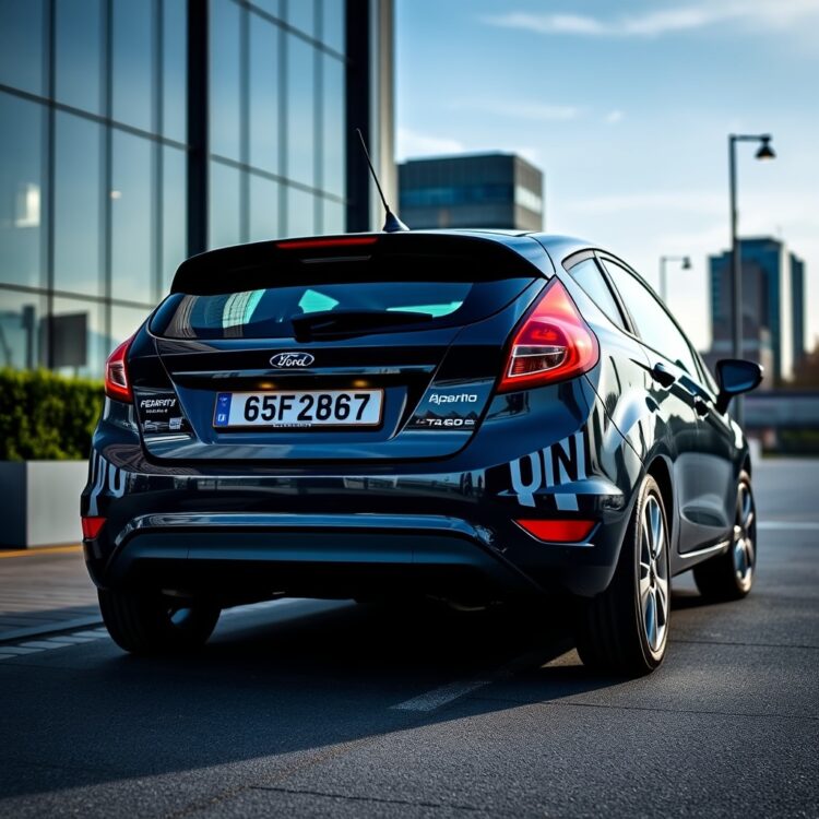 A sleek Ford Fiesta parked in a modern urban setting, with a focus on its license plate and tax disc area, symbolizing road tax verification.