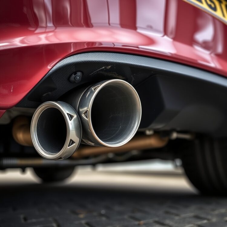 A close-up of a Ford Fiesta's modified exhaust system, highlighting the potential impact on CO2 emissions and road tax calculations.
