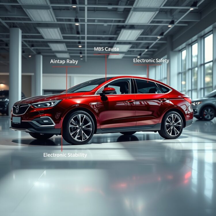 A high-quality stock image of a modern car with highlighted safety features like airbags, ABS, and electronic stability control, set in a well-lit showroom.