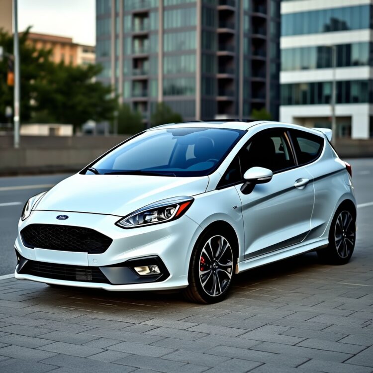 A sleek Ford Fiesta ST Premium parked in an urban setting, highlighting its sporty design and premium features that justify its higher price in the used car market.
