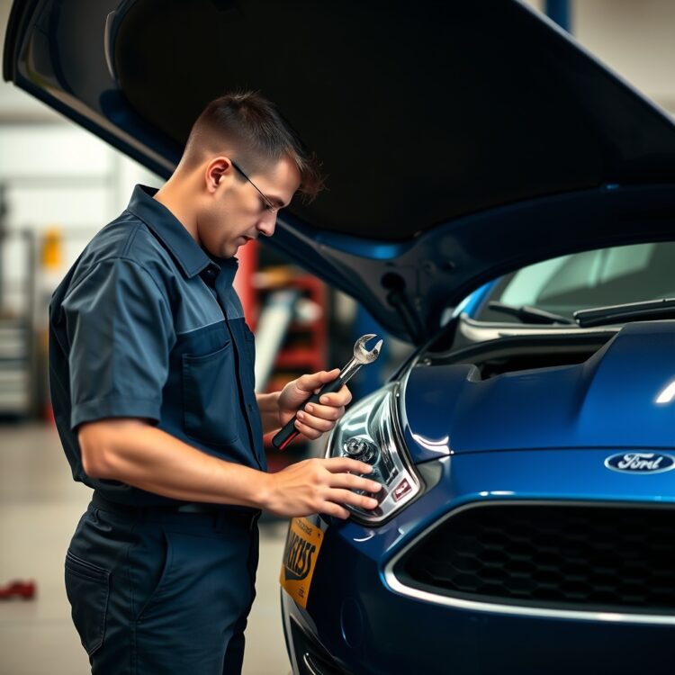 A professional mechanic performing a pre-purchase inspection on a used Ford Fiesta, checking under the hood with tools in hand, emphasizing the importance of a thorough inspection before buying.