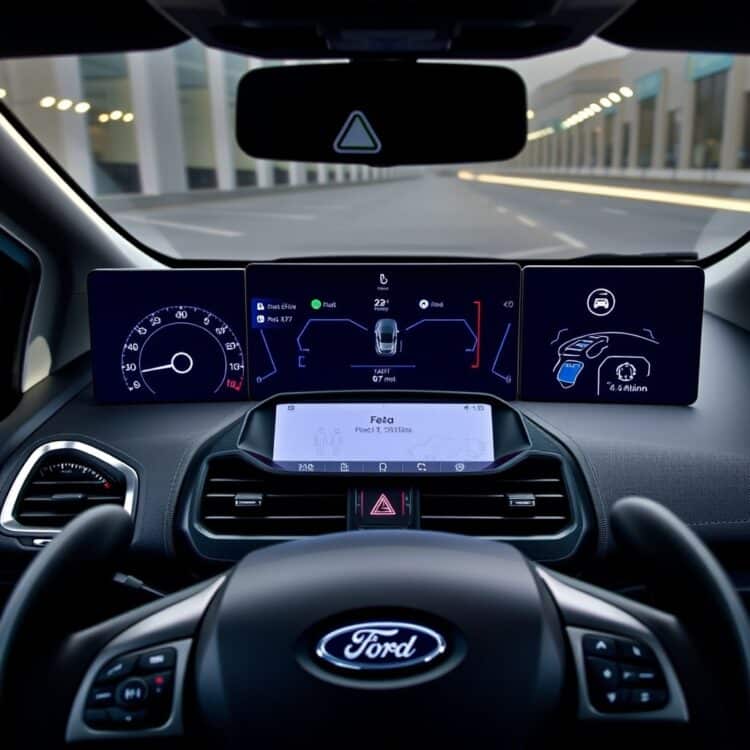 A high-tech dashboard of a Ford Fiesta showcasing the infotainment system and safety features, highlighting the advanced technology in Zetec and Titanium models.