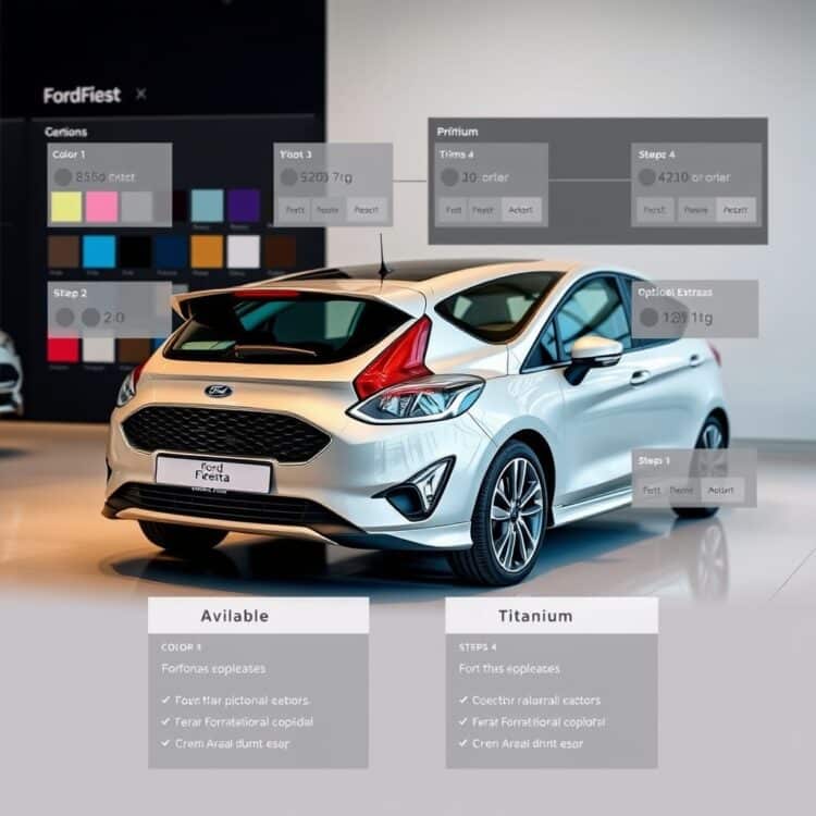 A sleek Ford Fiesta parked in a showroom with various customization options displayed around it, emphasizing the available colors, trims, and optional extras for Zetec and Titanium models.