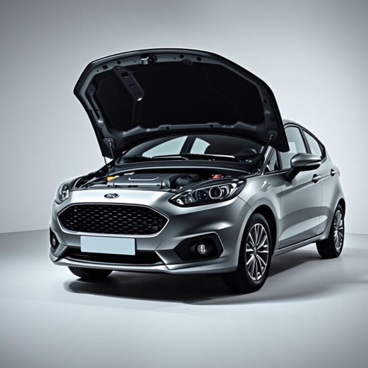 A sleek Ford Fiesta with its hood open, showcasing the engine and transmission components, under professional lighting to highlight the mechanical details.