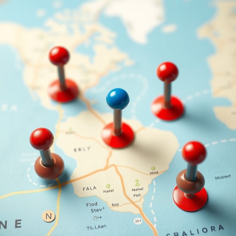 A professional stock photo depicting a map with pins marking different locations, symbolizing how geographic areas affect car insurance rates for teenagers.