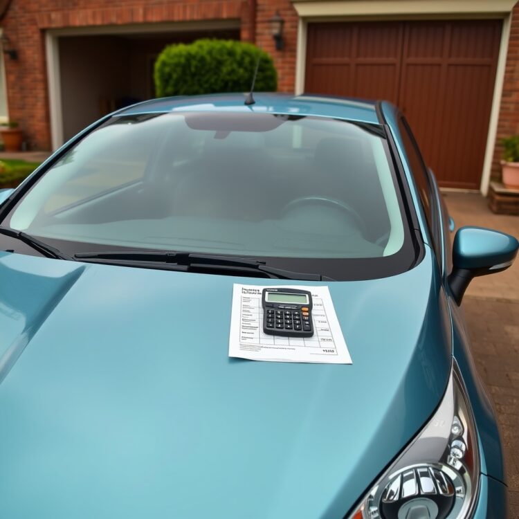 A Ford Fiesta parked in a driveway with a calculator and insurance documents on the dashboard, symbolising ownership cost considerations.