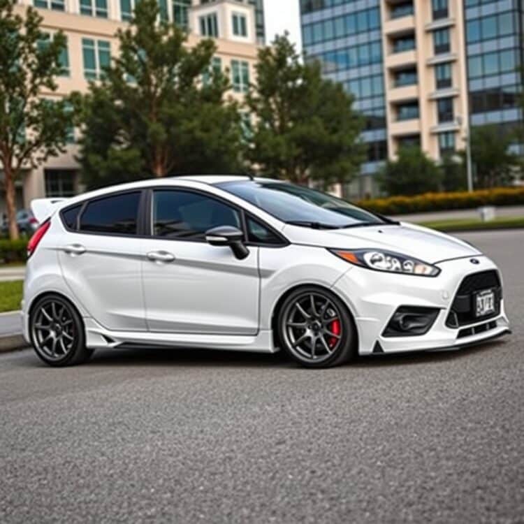 A customized Ford Fiesta with aftermarket wheels and a sporty body kit, parked in an urban setting, emphasizing personalization options.