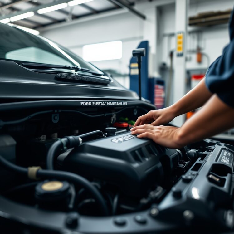 A professional stock photo of a Ford Fiesta undergoing routine maintenance in a well-lit garage, focusing on the mechanic's hands working on the engine, symbolizing maintenance and repair costs.