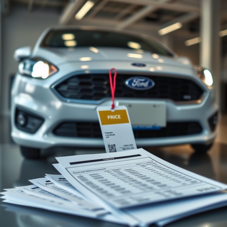 A high-quality stock image of a Ford Fiesta with a price tag and financial documents in the foreground, representing financing and loan costs considerations.