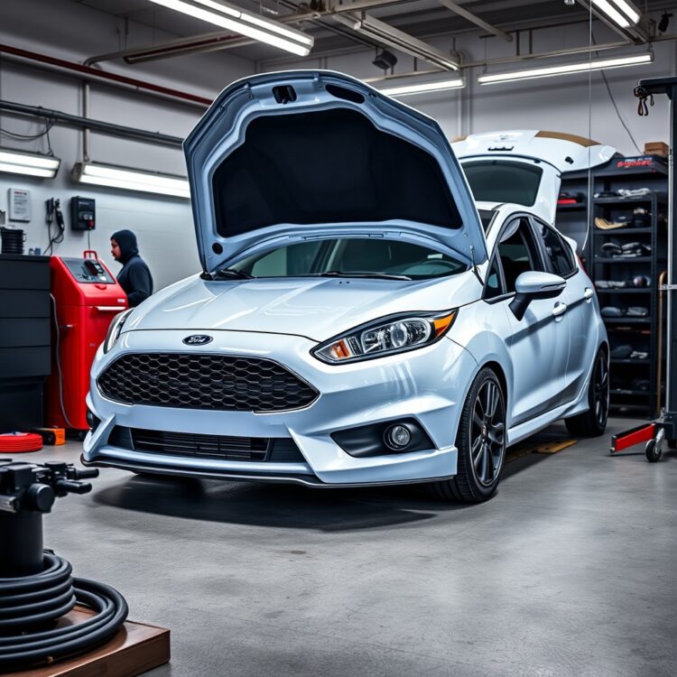 A professional stock photo showcasing a Ford Fiesta with aftermarket accessories being installed, highlighting the cost vs. value of upgrades and modifications.
