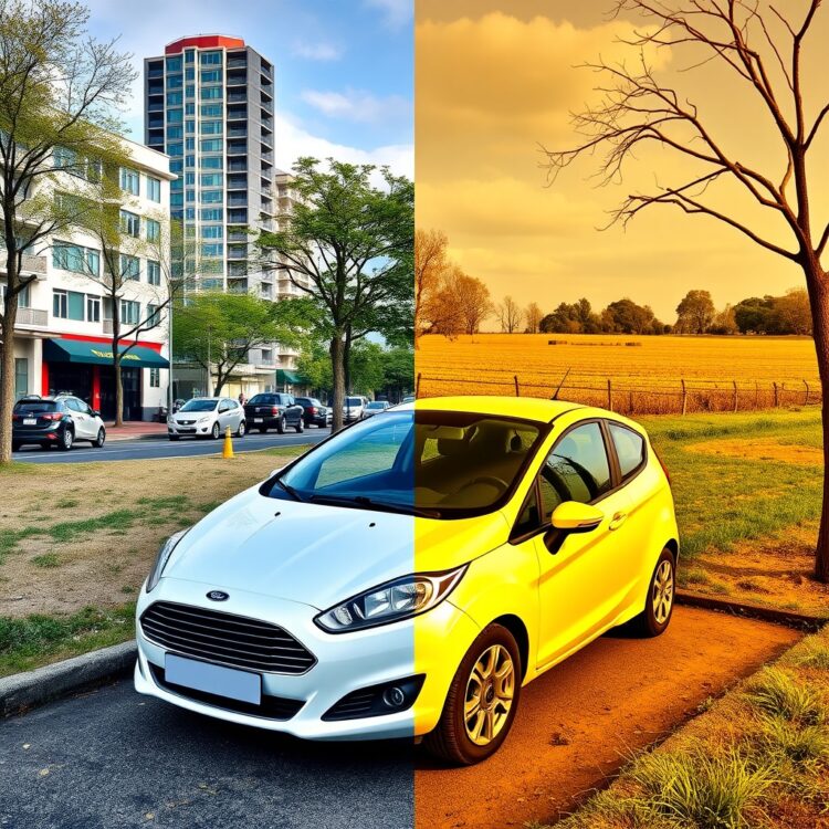A professional stock photo of a Ford Fiesta parked in different urban and rural settings to illustrate geographic price variations.