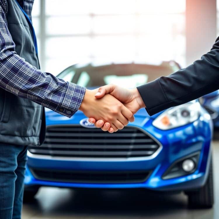 A professional stock photo depicting a handshake between a car seller and buyer, symbolizing successful negotiation and sale of a Ford Fiesta.