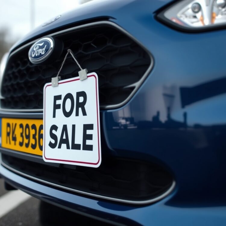 A professional stock photo of a Ford Fiesta with a 'For Sale' sign, highlighting legal and documentation requirements for selling a car.