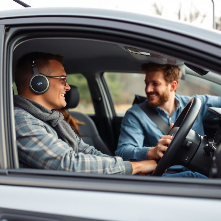 A high-quality stock image showing a safe and professional test drive scenario with a Ford Fiesta, focusing on the interaction between seller and potential buyer.