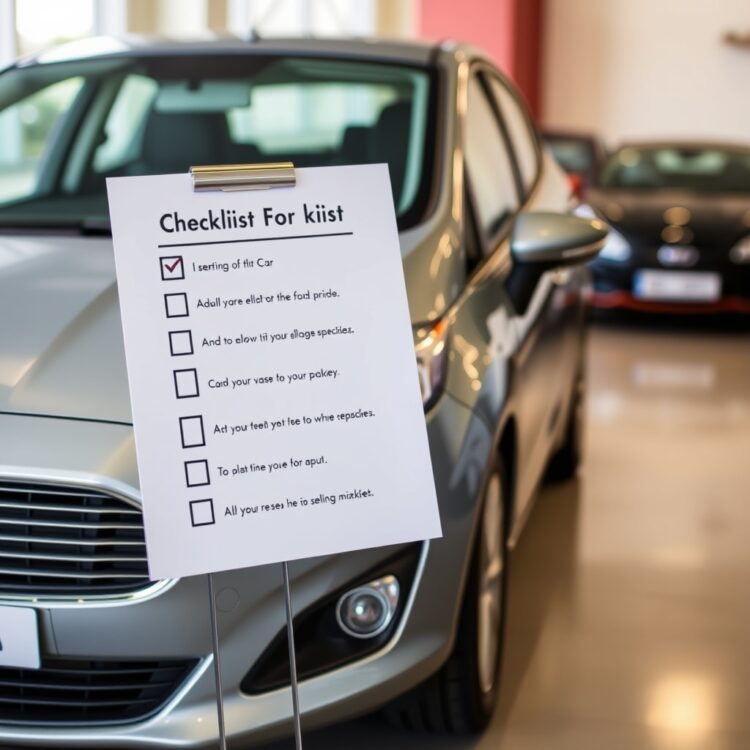 A professional stock photo depicting a checklist for selling a car, with a Ford Fiesta in the background, emphasizing the importance of avoiding common selling mistakes.