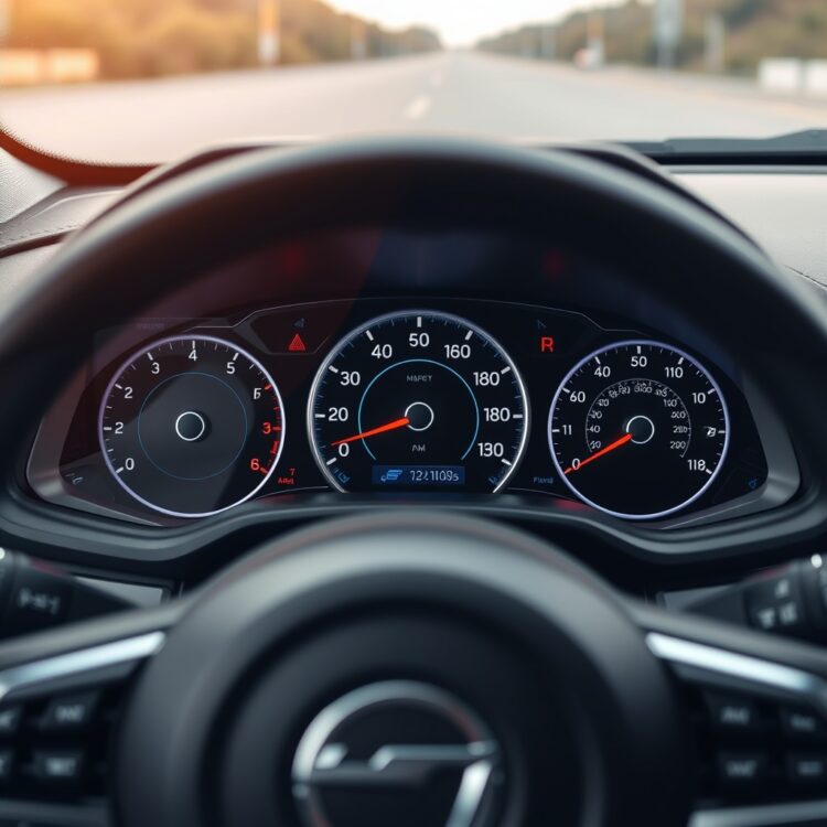 A modern car dashboard highlighting advanced safety features like airbags, ABS, and electronic stability control, showcasing the technology that can lower insurance premiums for teen drivers.