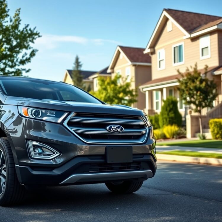 A professional stock photo of a Ford vehicle parked in a suburban neighborhood, illustrating the impact of geographic location on insurance rates, with a clear focus on the car and its surroundings, no text.
