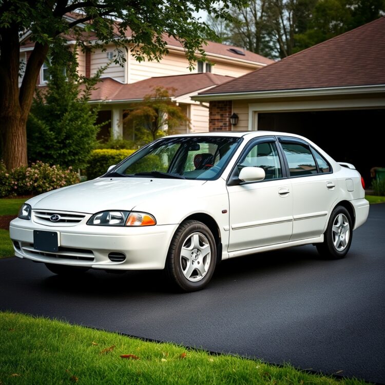 A professional stock photo of a reliable used car under $10,000 parked in a suburban driveway, showcasing its condition and appeal to teen drivers.