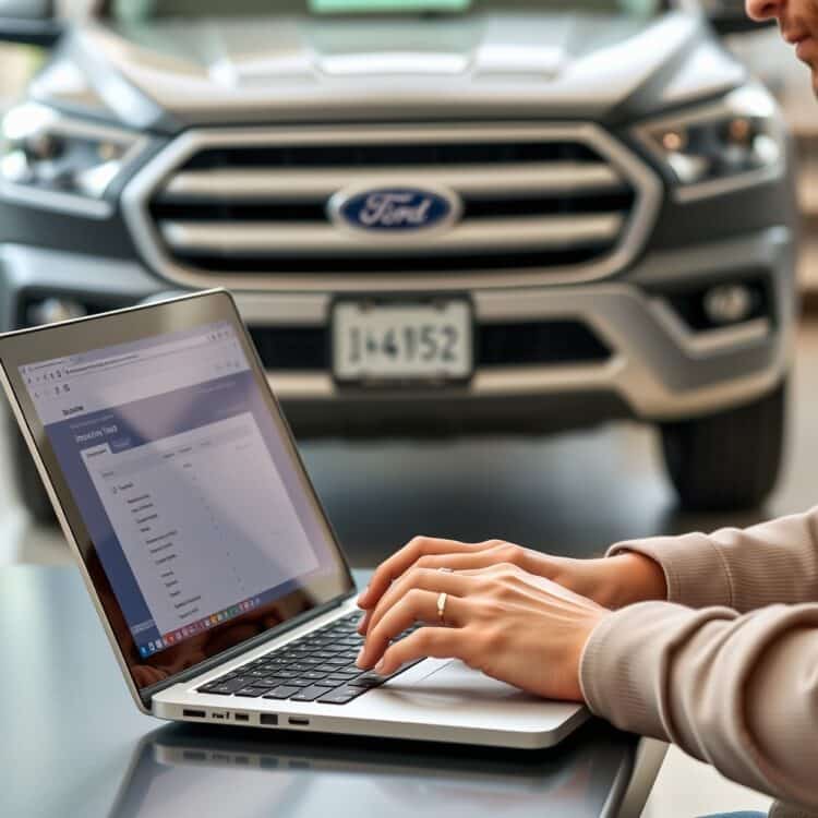 A high-quality stock image of a person comparing insurance quotes on a laptop, with a Ford vehicle in the background, symbolizing the process of evaluating insurance providers, no text.