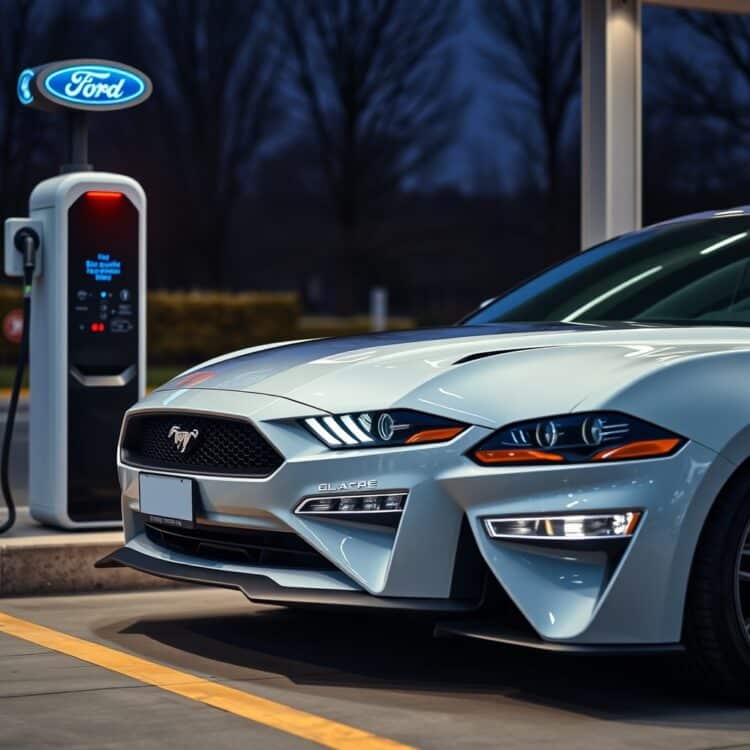 A professional stock photo featuring a Ford Mustang Mach-E charging at a station, highlighting the insurance considerations for electric and hybrid Ford models, no text.