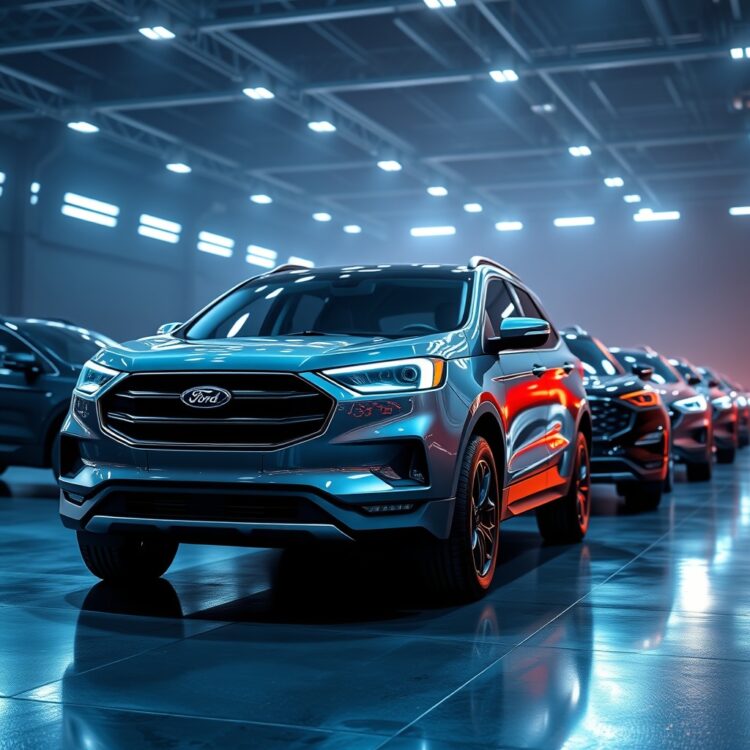 A high-quality stock image of a futuristic Ford vehicle lineup under bright lights, representing the impact on Ford's brand and future product strategy.