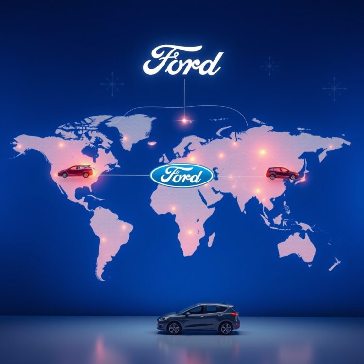 A professional stock photo depicting a global map with digital connections and vehicles, illustrating Ford's global vs. local market strategies post-Fiesta.