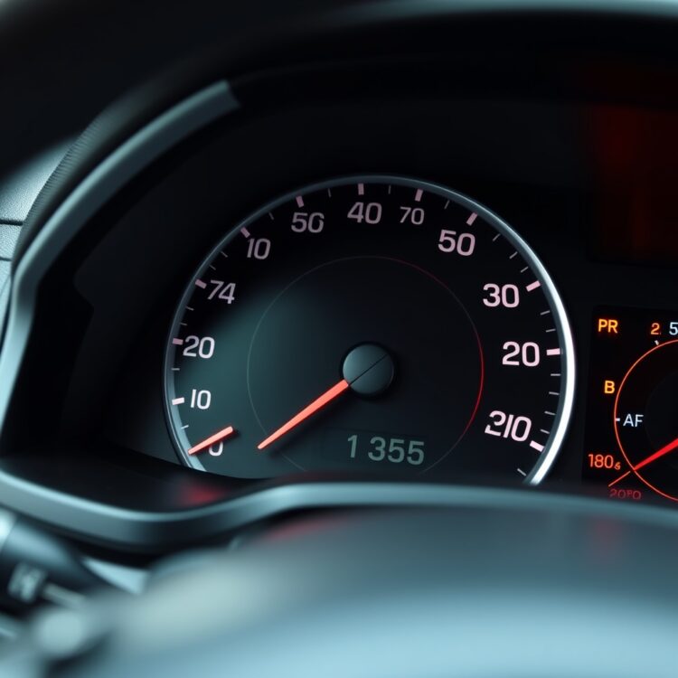 A close-up of a Ford Fiesta's dashboard showing high mileage, with a focus on the odometer reading, set in a well-lit, professional studio environment.