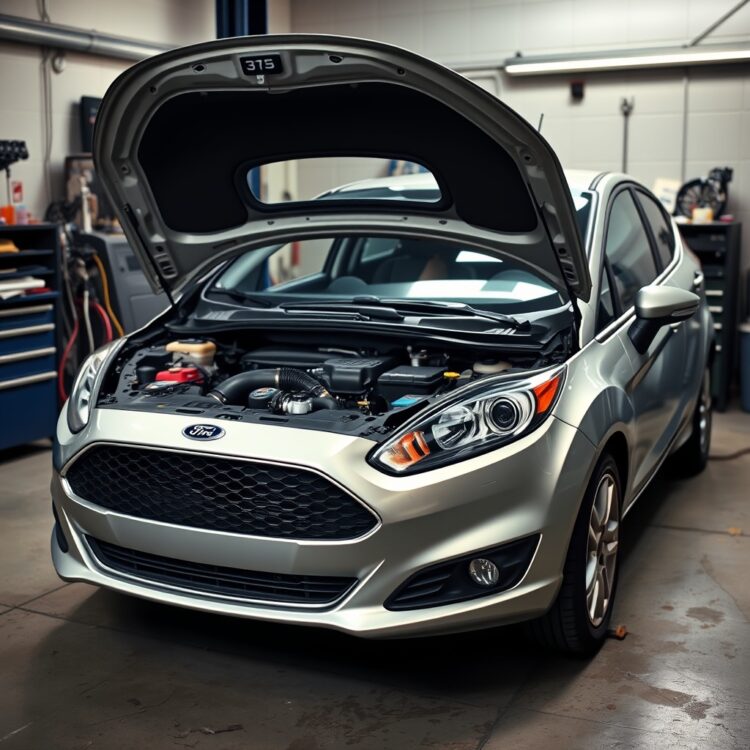 A Ford Fiesta undergoing performance upgrades in a garage, with a mechanic working on the engine, highlighting the process of enhancing vehicle longevity.