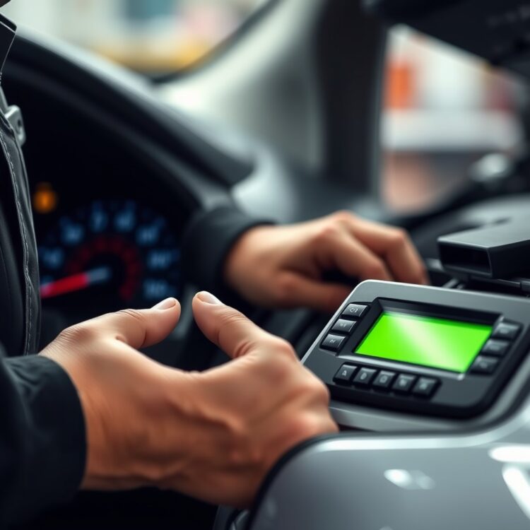 A detailed close-up of a mechanic's hands performing a diagnostic check on a Ford Fiesta, symbolizing the importance of scheduled maintenance for high-mileage vehicles.