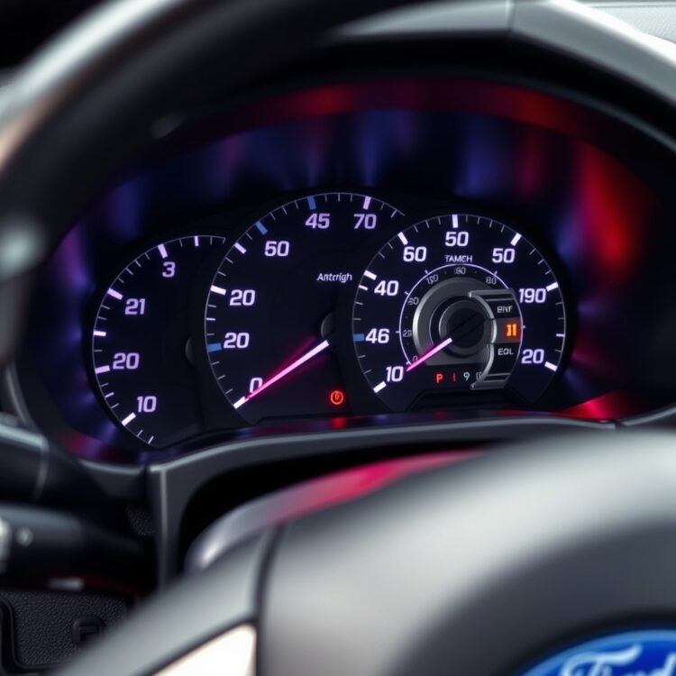 A close-up of a Ford Focus dashboard highlighting the electrical system components, with a focus on the battery and alternator, under professional lighting.