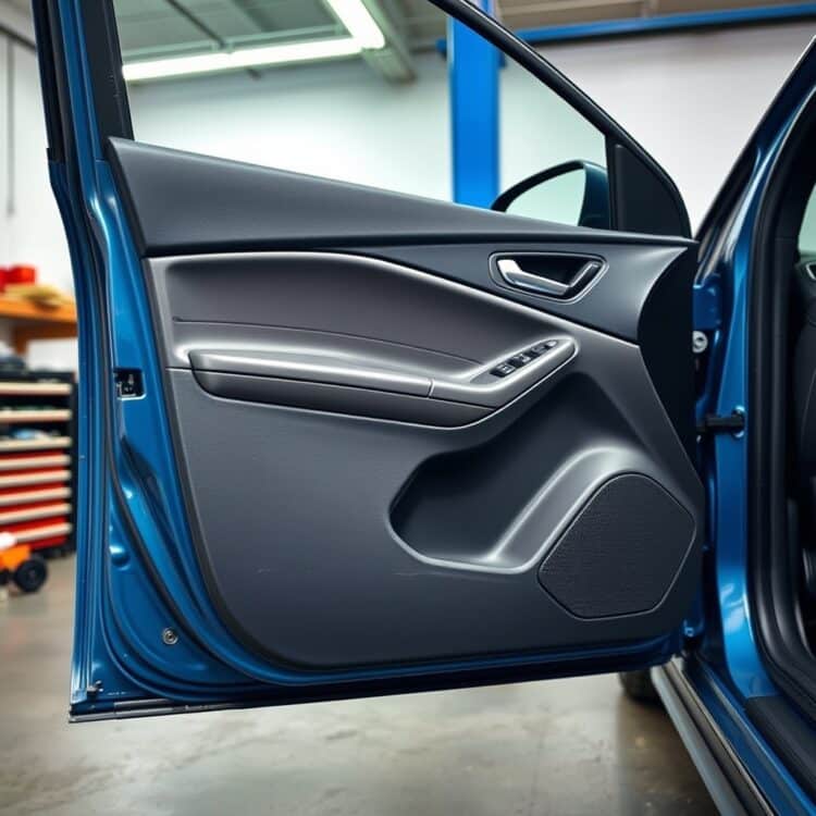 A detailed image of a Ford Focus door panel and latch mechanism, showcasing common areas prone to water leaks, in a clean, well-lit automotive workshop setting.