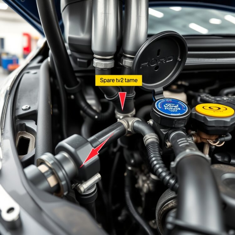 An illustrative shot of a Ford Focus fuel system, focusing on the fuel pipes and oil filler cap, emphasizing areas susceptible to leaks, in a high-quality automotive service environment.