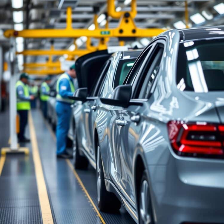 A professional stock photo of a modern car assembly line with workers in the background, symbolizing the economic factors and production costs discussed in Chapter 4.