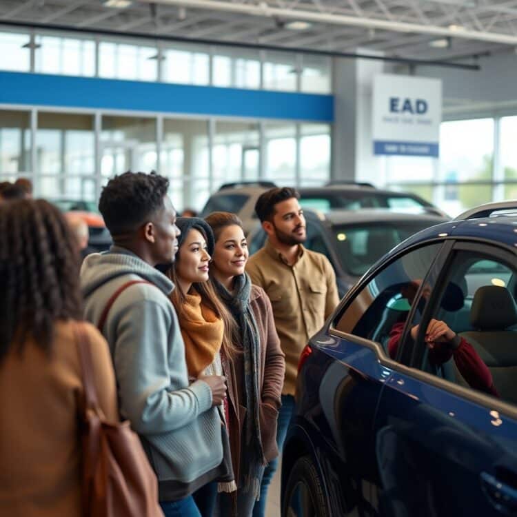 A high-quality stock image of a diverse group of consumers looking at SUVs and trucks at a car dealership, reflecting the changing consumer preferences highlighted in Chapter 8.
