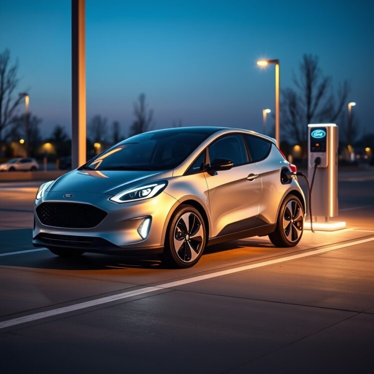 A sleek, futuristic electric vehicle charging at a station, representing the future of compact cars and Ford's strategic shifts as discussed in Chapter 12.