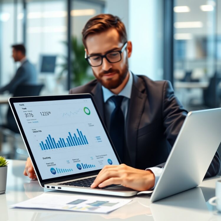 A professional stock photo of a financial analyst reviewing Ford's economic strategy charts on a laptop, with a modern office background.