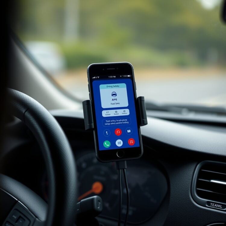 A professional stock photo featuring a smartphone mounted on a car dashboard displaying a driving safety app, highlighting technology's role in teen driving safety.