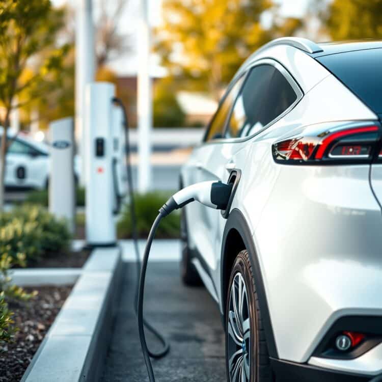A high-quality stock image showcasing Ford's latest electric vehicle charging at a station, with a focus on sustainability and green energy.