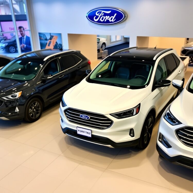 A professional stock photo of a Ford SUV and truck lineup displayed in a showroom, highlighting their design and technological features.
