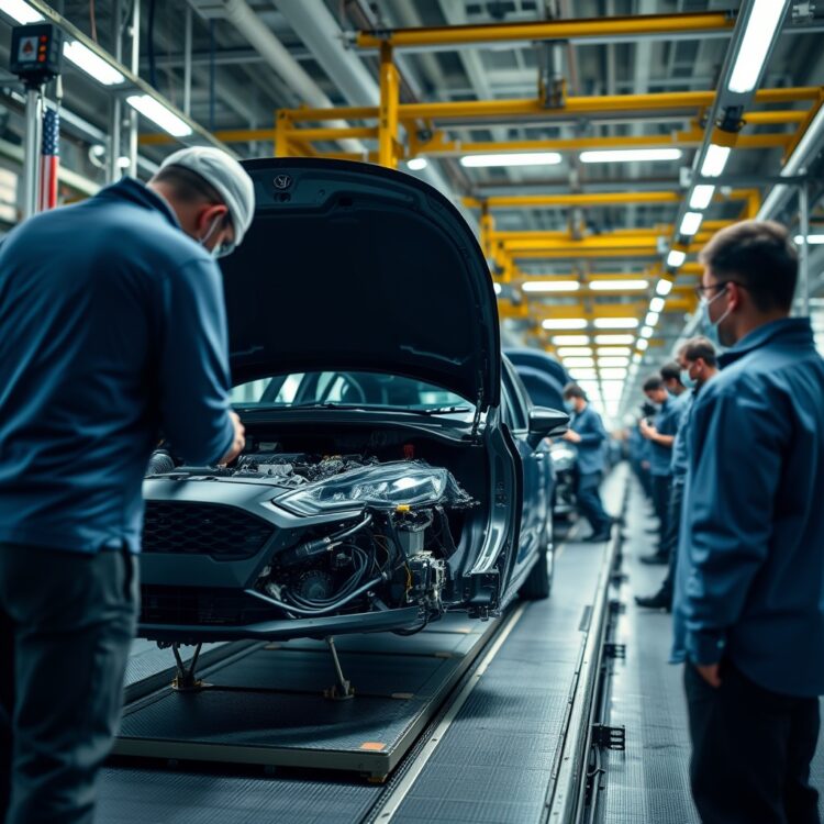A modern assembly line halted due to a chip shortage, with workers inspecting a Ford Fiesta's unfinished electronic components under bright industrial lighting.