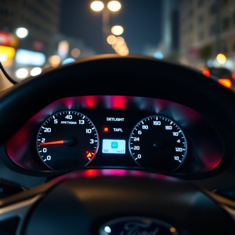 A close-up of a Ford Fiesta dashboard with a warning light on, symbolizing reliability issues, set against a blurred urban night driving background.