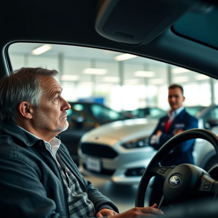 A dissatisfied customer at a Ford dealership, looking at a Ford Fiesta with a service advisor, highlighting customer satisfaction and reliability concerns.