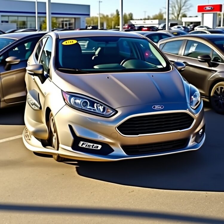 A sleek, modern Ford Fiesta parked in a dealership lot, surrounded by other compact cars, highlighting the search for new models amidst discontinuation.